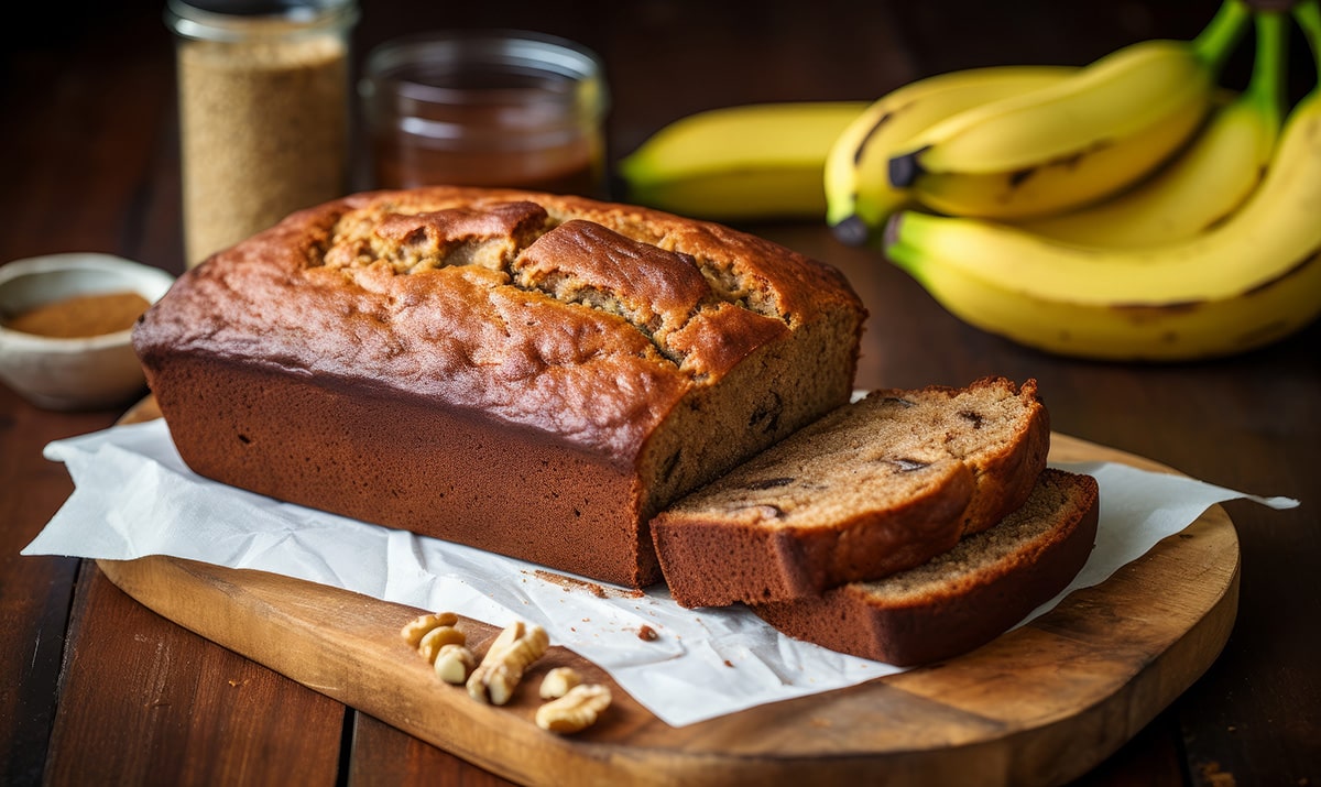 bolo de banana com nozes ao lado e banana ao fundo